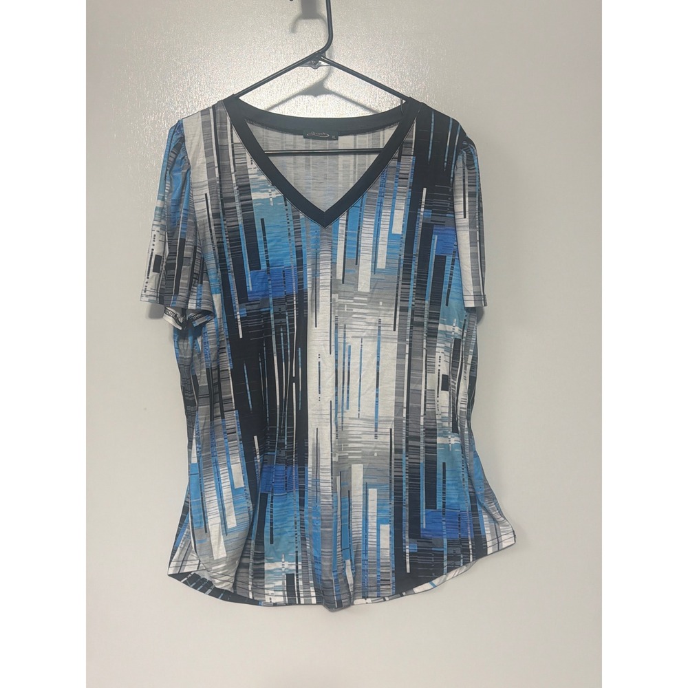 Ofeefan Womens XL Blue Abstract Geometric V-Neck Short Sleeve Top Blouse